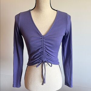 Purple Ruched V-Neck Long Sleeve Top